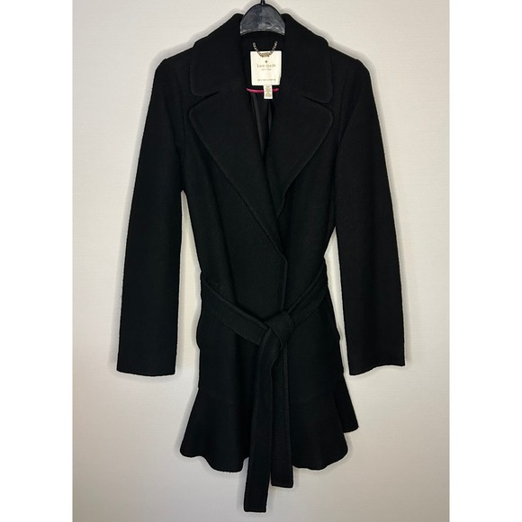 Kate Spade New York Black Wool Blend Skirted Wrap Coat Belt Ruffle Hem Women SP‎